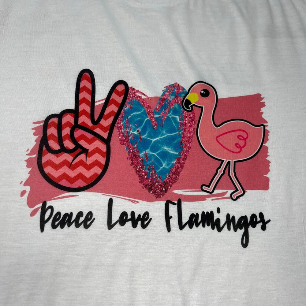 Peace Love Flamingos Rounded Bottom White Tee Large